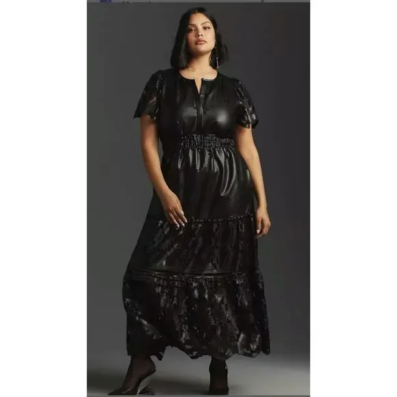 NWT Anthropologie The Somerset Maxi Dress: Faux Leather Embroidered BLACK XS
